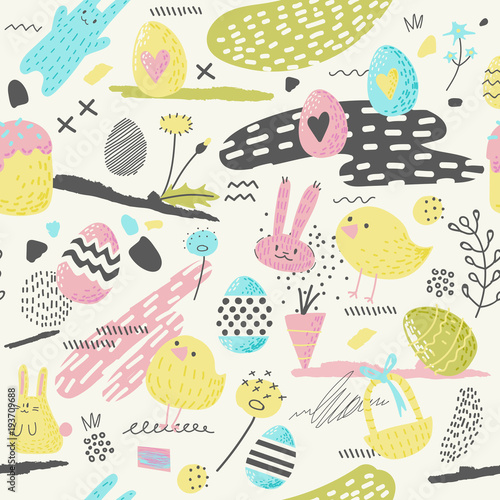 Happy Easter Seamless Pattern with Eggs, Bunny and Flowers