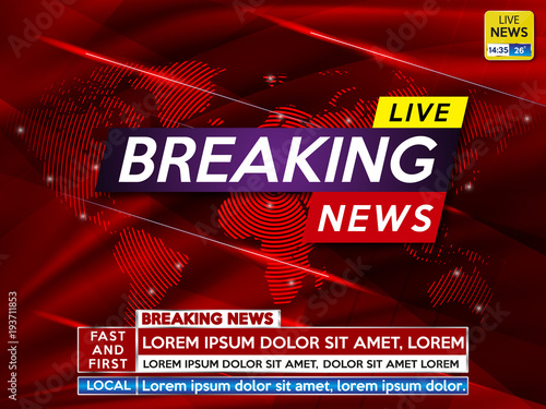 Background screen saver on breaking news. Breaking news live on red technology background and world map. Vector illustration.