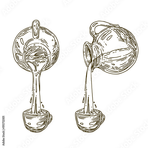 Glass jug with fresh milk. Milk is poured into a Cup. Side and front view. Engraving style. Vector illustration