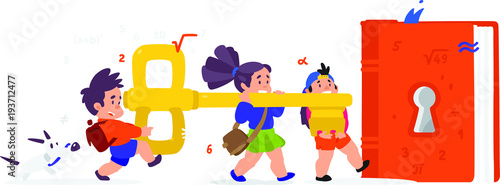 Illustration of cartoon children with a key and a book. Children and mathematics. Cute animated characters. The guys open the book. Vector flat illustration on white background. Banner for the site.