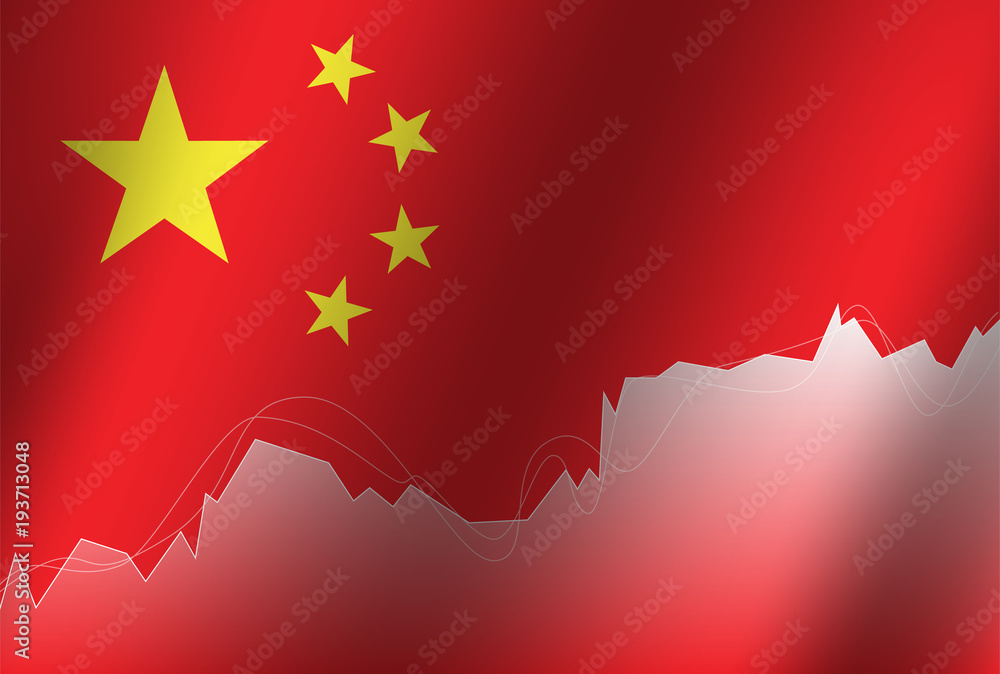 chinese flag decorated by stock exchange growth graph and indicator, realistic style vector illustration.