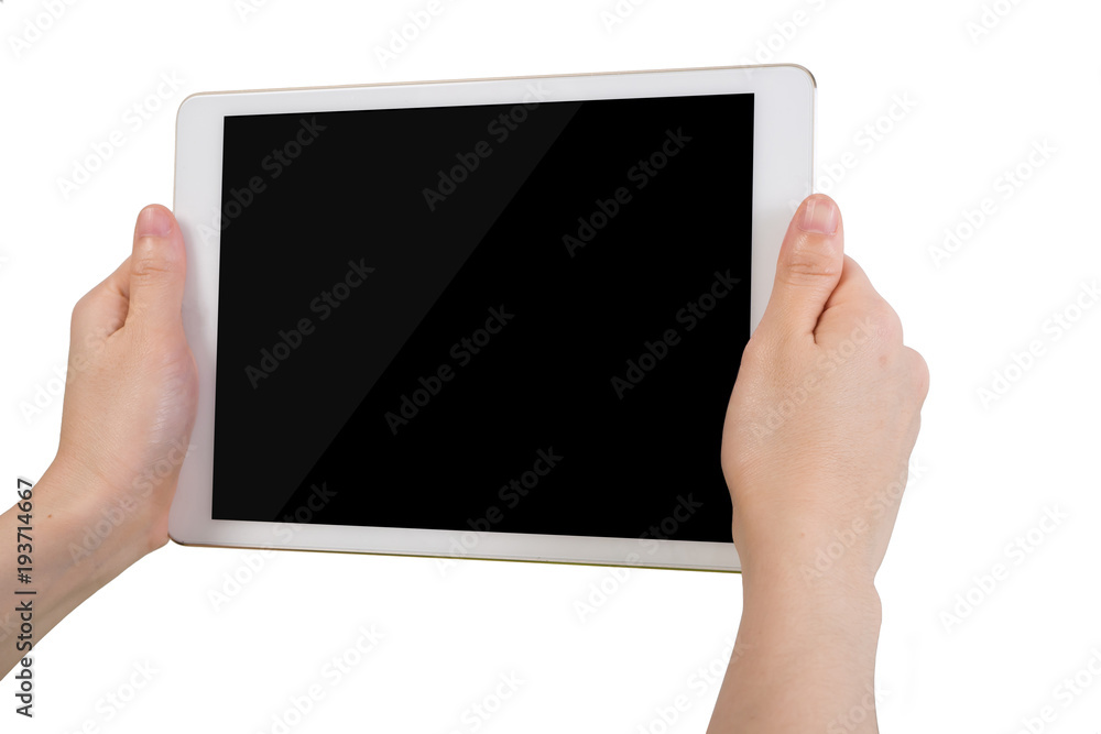 human hand hold free blank screen tablet, mobile phone, smartphone on isolated white background. human hand hold free blank screen tablet, mobile phone, smartphone on isolated white background.