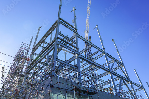 Structural steel framework for new building.
