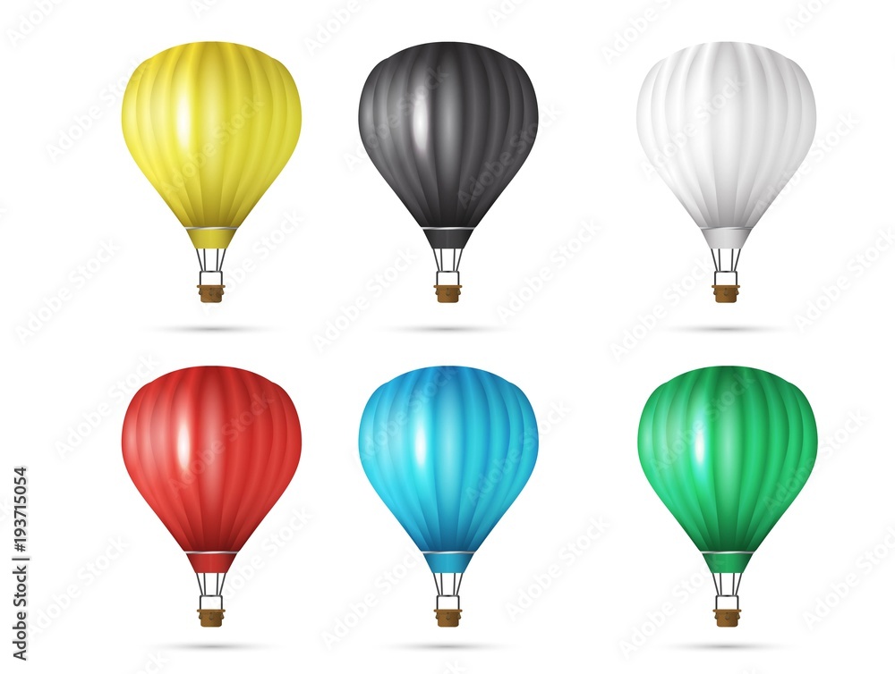 Set of Realistic Colorful Hot Air Balloons Flying as an Elements or Decoration for Summer, Holidays and Greetings. Vector Illustration