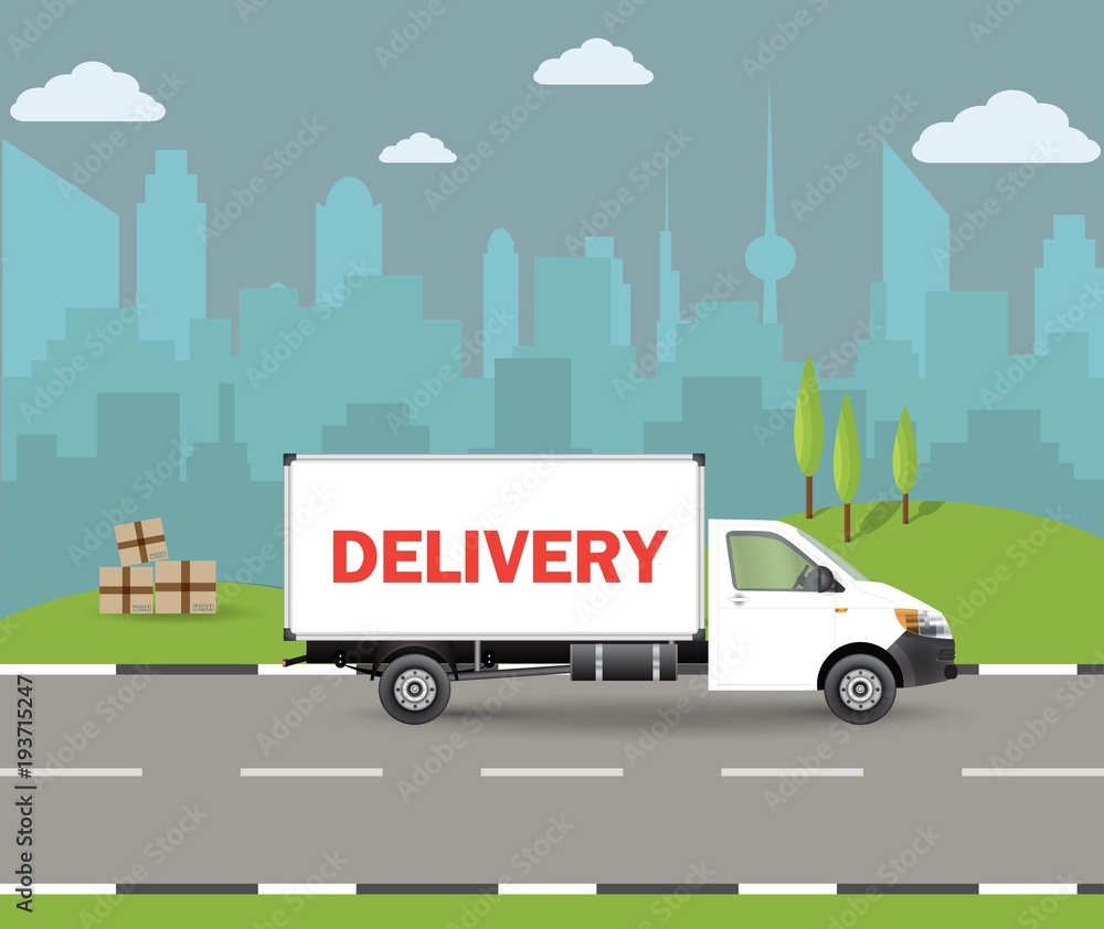 Delivery van with shadow and cardboard boxes. Product goods shipping transport. Vector illustration.