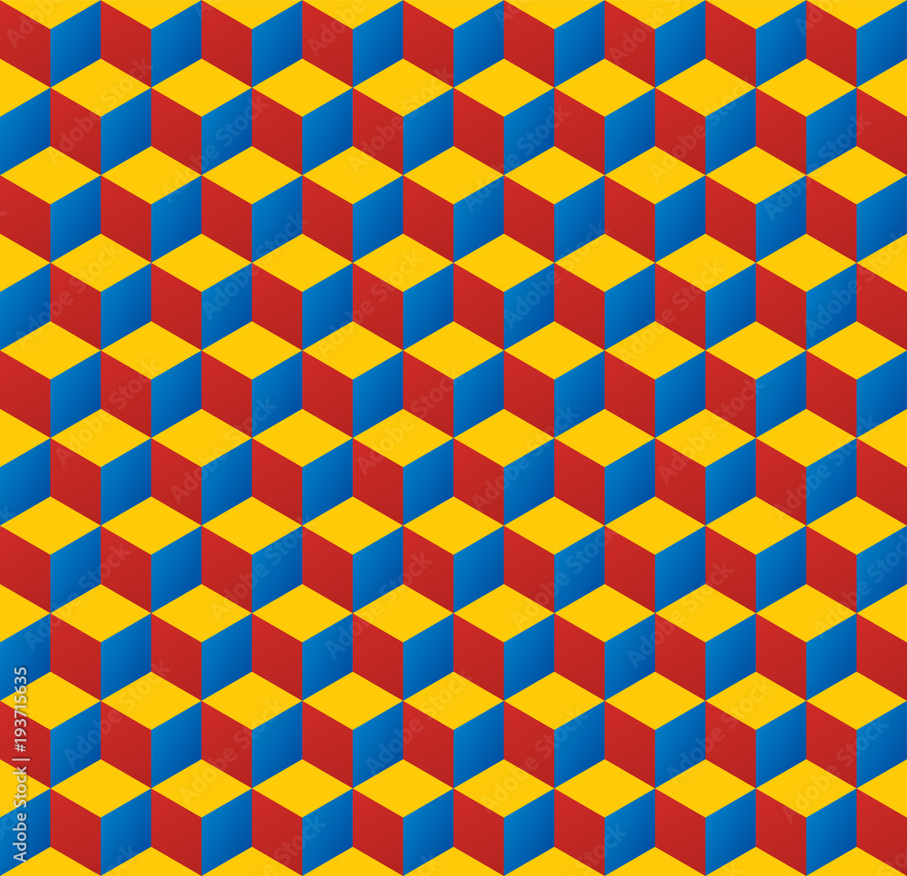 Seamless 3d isometric cube pattern background texture in red, yellow and blue Seamless 3d isometric cube pattern background texture in red, yellow and blue