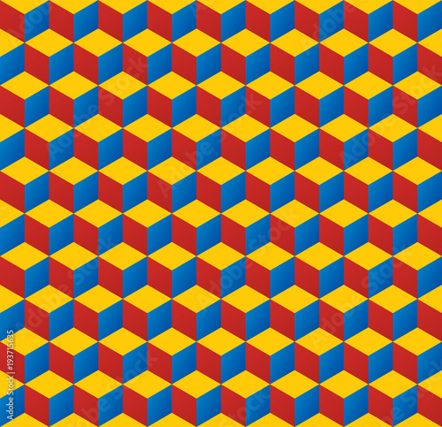Seamless 3d isometric cube pattern background texture in red  yellow and blue