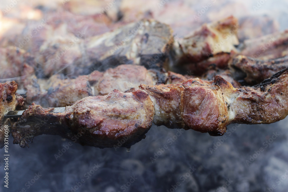 Making barbecue on the fire, view close-up Making barbecue on the fire, view close-up