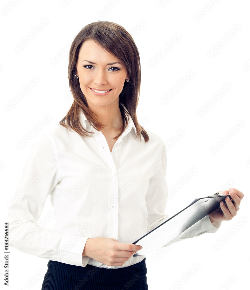 Happy businesswoman with clipboard, isolated Happy businesswoman with clipboard, isolated