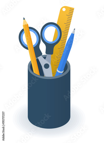 Flat isometric illustration of supplies desktop organizer. Office and school vector concept: pens, pencils, scissors, ruler desktop organizer. Business workplace element isolated on white background.
