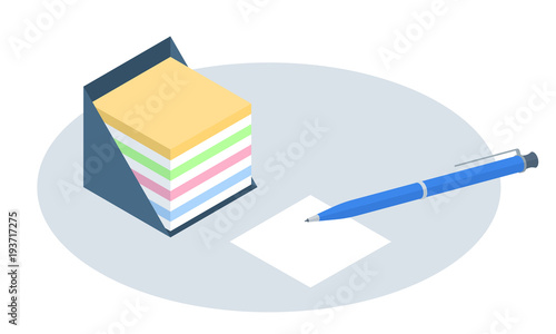 Flat isometric illustration of memo box. Office and school vector concept: desktop colorful notes storage with a pan. Business and education workplace paperwork elements isolated on white background.