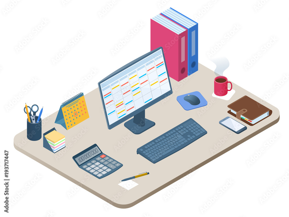 Flat isometric illustration of office workplace. Workspace with modern electronic equipment, stationery: computer monitor, mobile phone, calculator, calendar, personal planner. Vector business concept Flat isometric illustration of office workplace. Workspace with modern electronic equipment, stationery: computer monitor, mobile phone, calculator, calendar, personal planner. Vector business concept