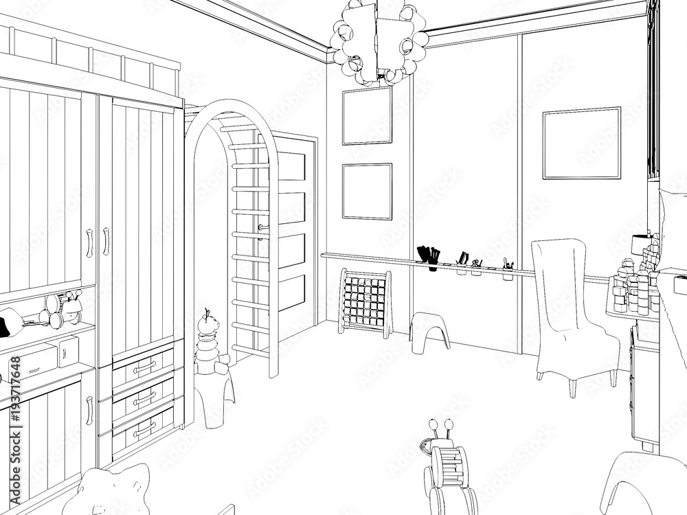 Render Children room.Graphic black white interior sketch