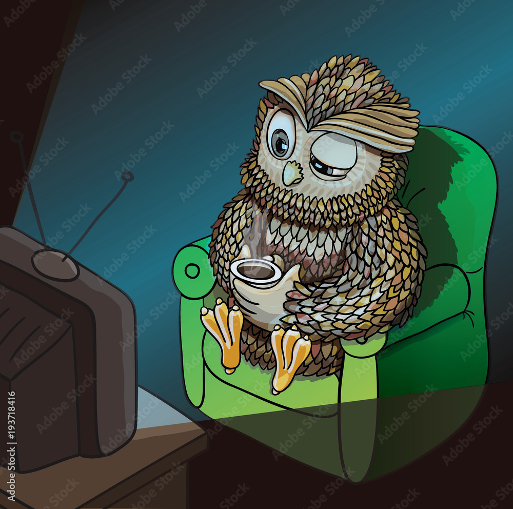 Sleepy Owl with Cup of Coffee, Watching TV Late at Night, Wahtching Sci-Fi,  Comedy, Horror Movie. Funny Character Stock Vector | Adobe Stock