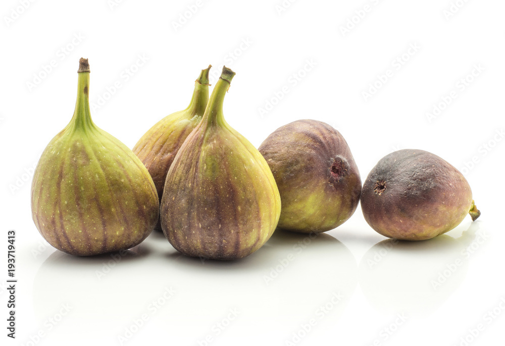 Five figs ripe purple green isolated on white background fresh. Five figs ripe purple green isolated on white background fresh.