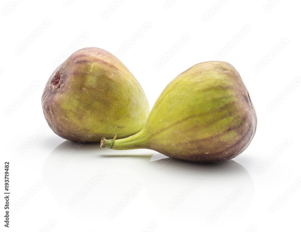 Two purple green figs isolated on white background ripe fresh. Two purple green figs isolated on white background ripe fresh.