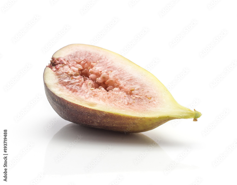 One fig sliced half with rose flesh isolated on white background ripe fresh purple green. One fig sliced half with rose flesh isolated on white background ripe fresh purple green.