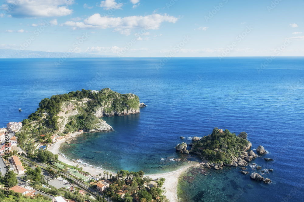 Aeriel view of Isola Bella beach and Taormina, Sicily