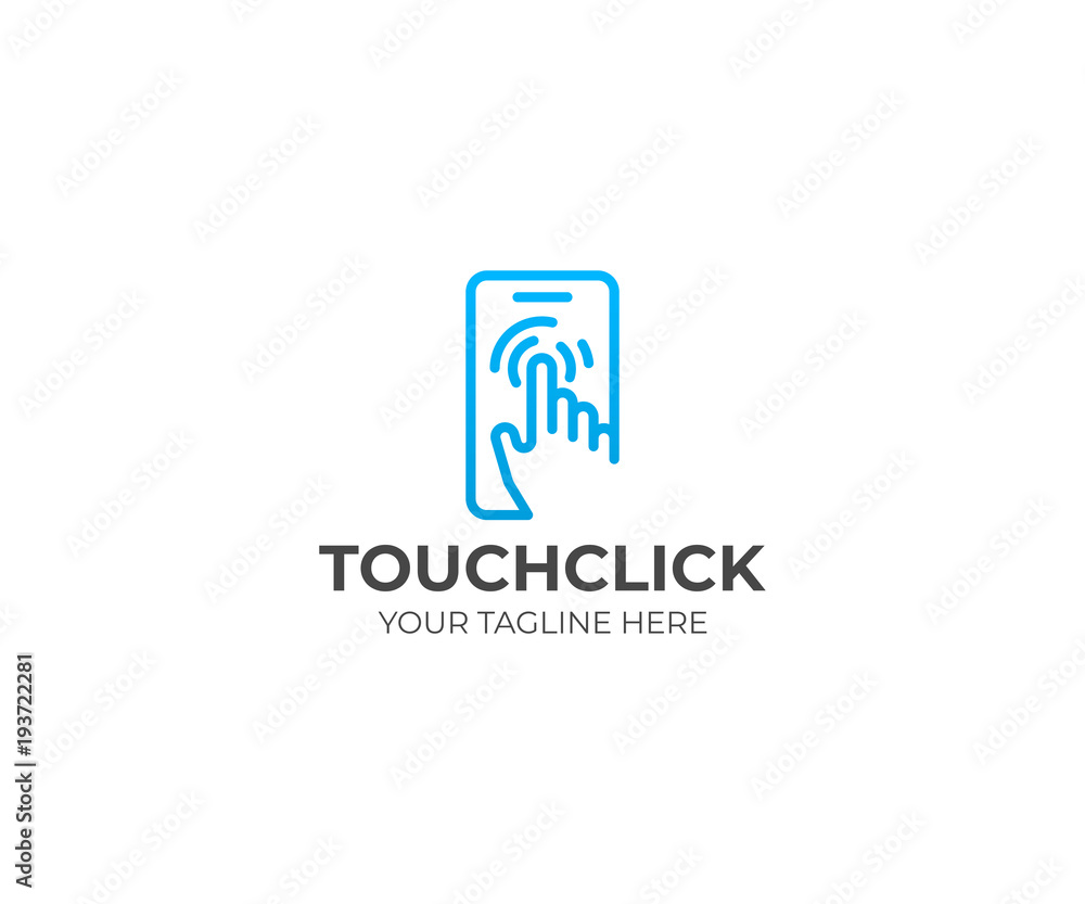 Touch screen logo template. Human hand and mobile phone vector design. Pointer finger and smart phone illustration