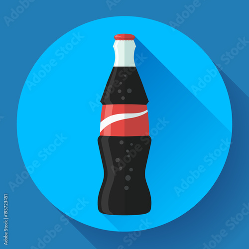 cola bottle soda bottle with red lable flat vector cola icon. Bottle of cola soda. vector illustration