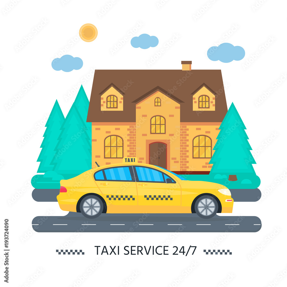 Poster with the machine yellow cab in the city. taxi service concept.