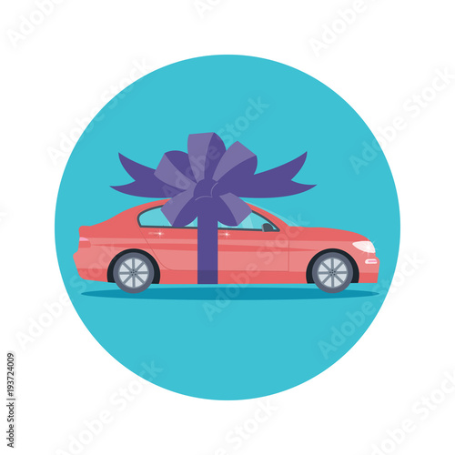 Poster with red machine and ribbon. Car gift concept or presentation of  auto for sale, rent,. Flat vector illustration.