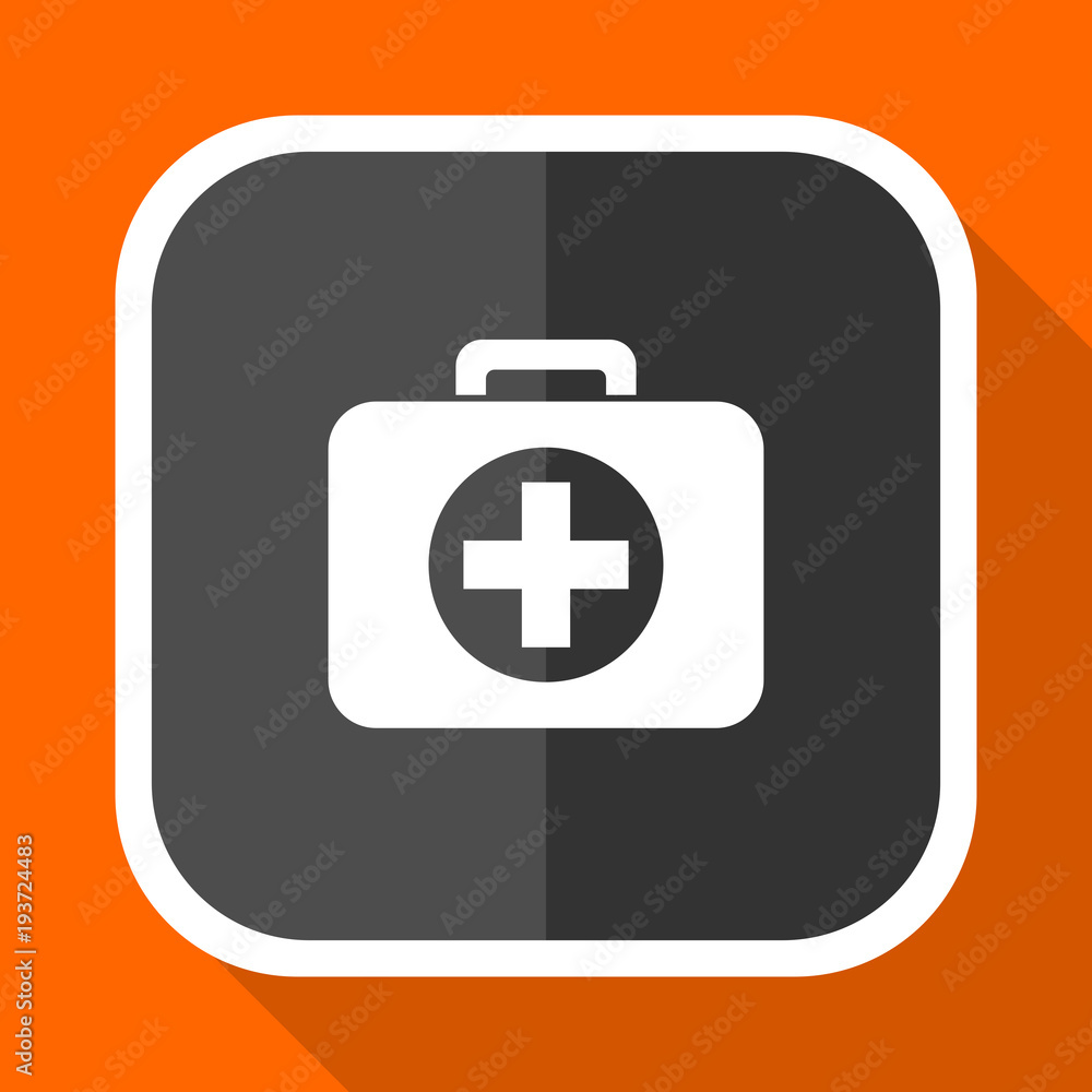 First aid vector icon. Flat design square internet gray button on orange background. First aid vector icon. Flat design square internet gray button on orange background.