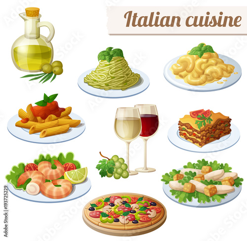 Set of food icons isolated on white background. Italian cuisine.