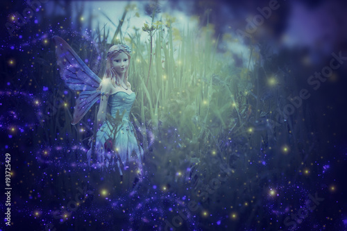 image of magical little fairy in the night forest. © tomertu