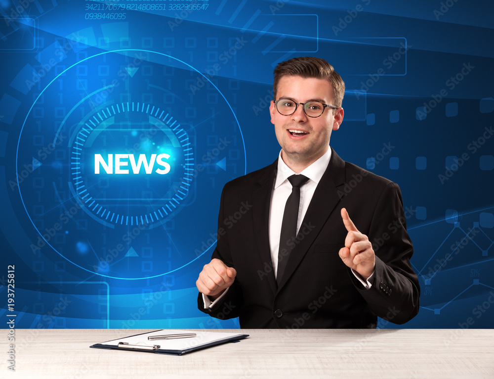 Modern televison presenter telling the news with tehnology background Modern televison presenter telling the news with tehnology background