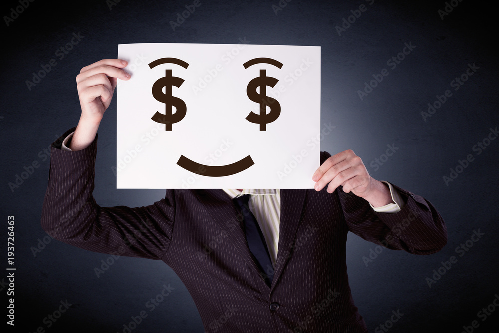 Businessman holding paper with greedy emotion Businessman holding paper with greedy emotion