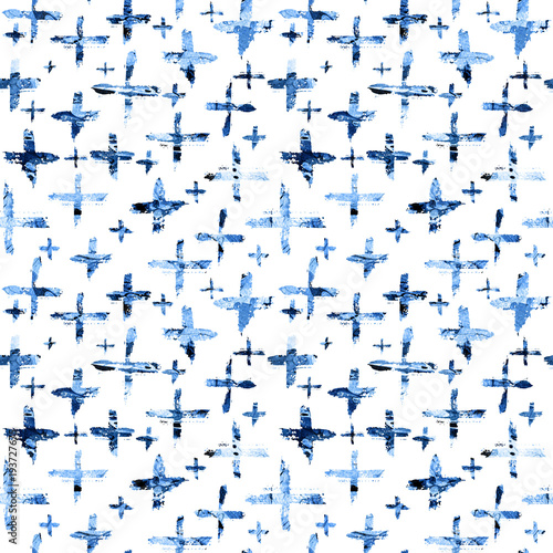 Watercolor seamless pattern with brush cross and strokes. Blue color on white background. Hand painted grange texture. Ink geometric elements. Fashion modern style. Endless fabric print.