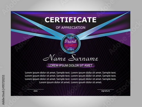 Horizontal certificate or diploma template with purple and blue decorative elements on black background. Vector