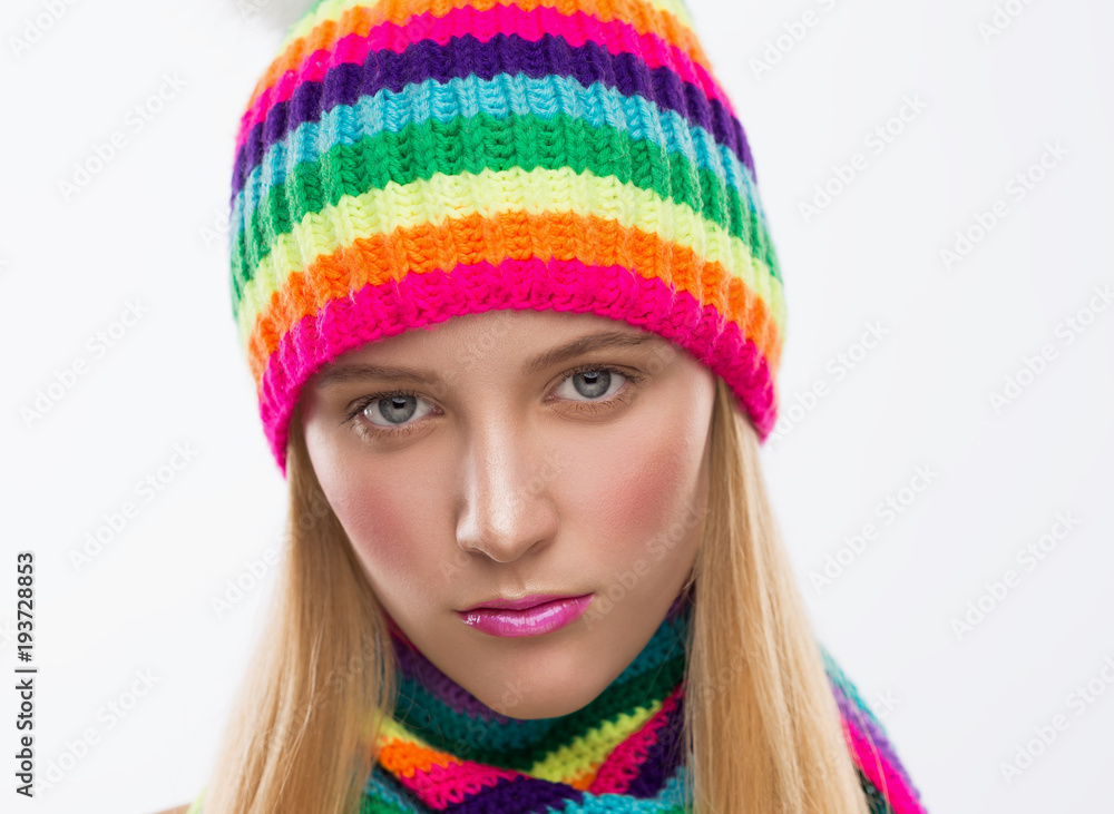 Face, serious, hat, scarf, white background Face, serious, hat, scarf, white background