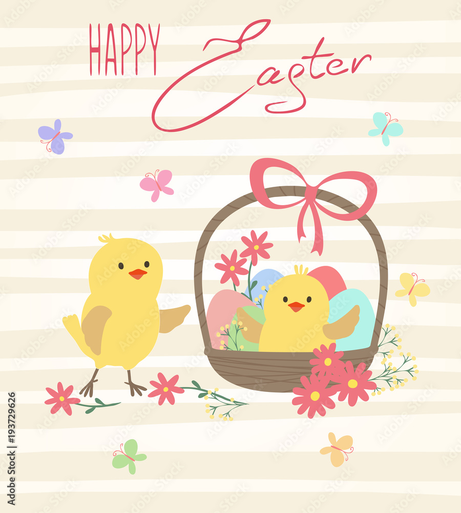 Easter card with chickens and basket with eggs Easter card with chickens and basket with eggs