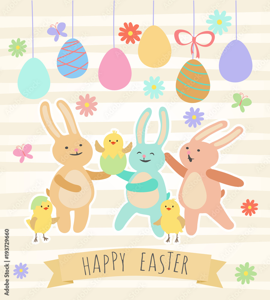 Easter card with cute rabbits, funny chickens and eggs Easter card with cute rabbits, funny chickens and eggs