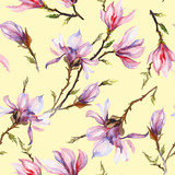 Pink magnolia flowers on a twig on light yellow  background. Seamless pattern. Watercolor painting.
