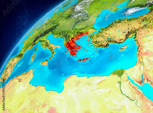 Space view of Greece in red