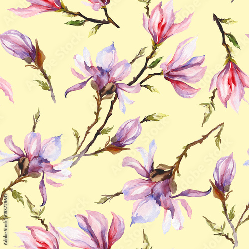 Pink magnolia flowers on a twig on light yellow background. Seamless pattern. Watercolor painting.