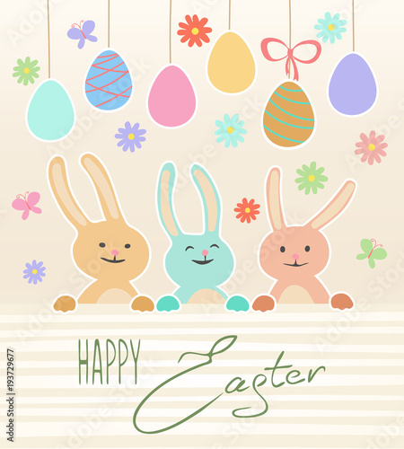 Easter card with cute rabbits and eggs