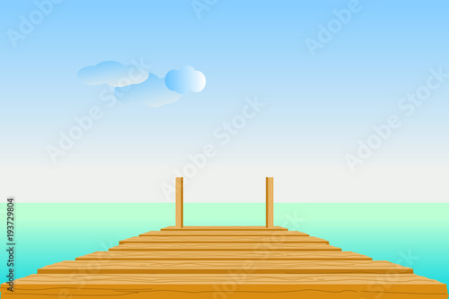 Wooden pier in turquoise sea with sky, clouds, and the horizon line. Vector illustration in flat design. Concepts of summer, travel, vacation, and relaxation. Use as background, backdrop, montage.