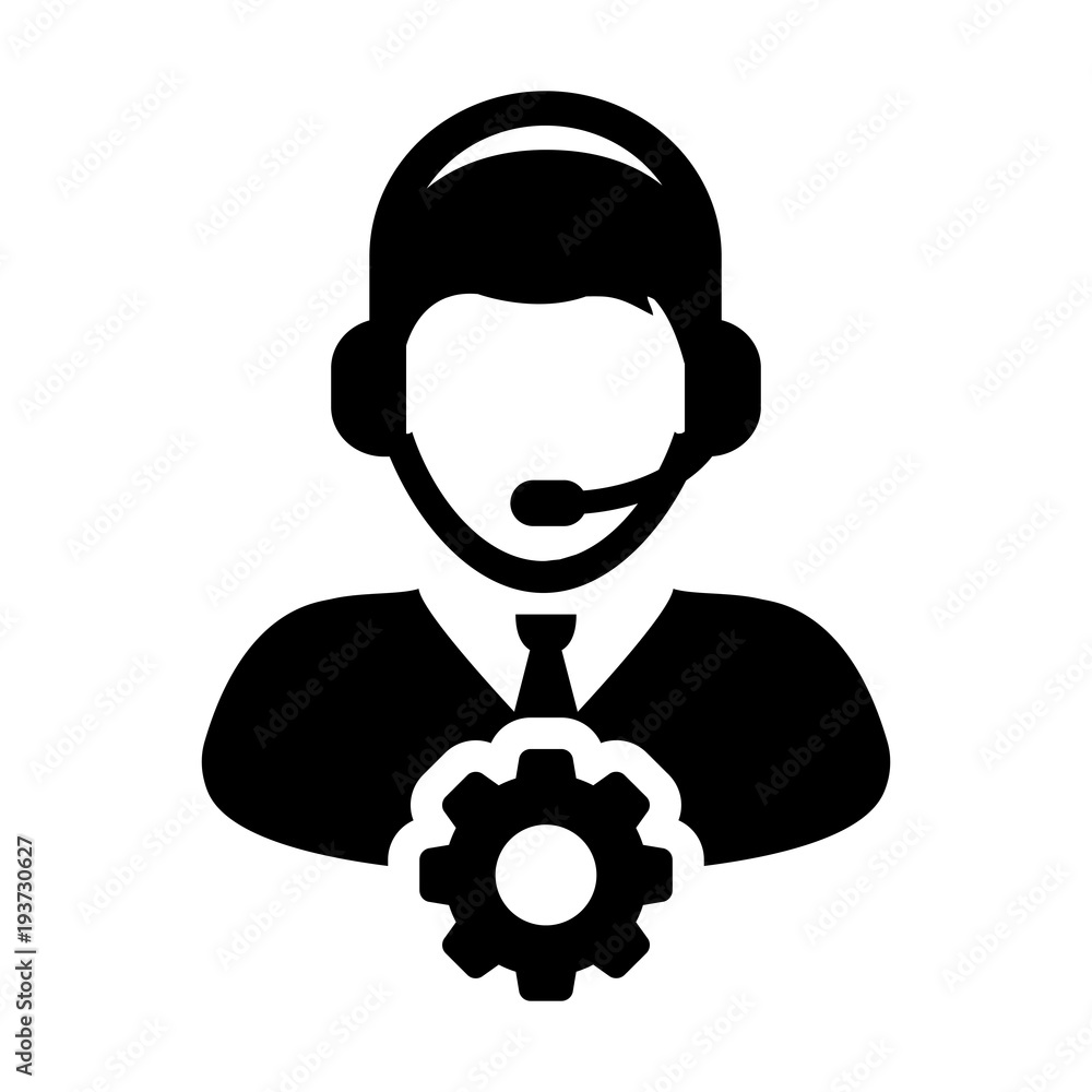 Service Icon Vector Male Operator Person Profile Avatar with Headset and Gear Cog Symbol for Industrial Business Support in Glyph Pictogram illustration Service Icon Vector Male Operator Person Profile Avatar with Headset and Gear Cog Symbol for Industrial Business Support in Glyph Pictogram illustration