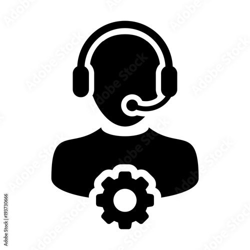 Service Icon Vector Male Operator Person Profile Avatar with Headset and Gear Cog Symbol for Industrial Business Support in Glyph Pictogram illustration