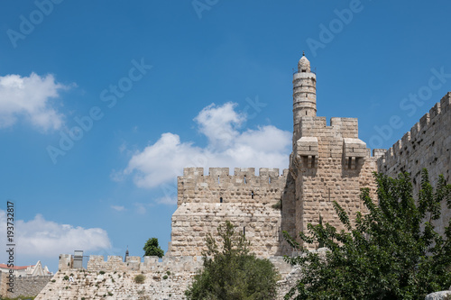 Tower of David citadel and the Old City walls of Jerusalem with a clean sky.