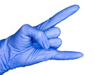 hand gesture in blue medical glove isolated, close up, selective focus, white background
