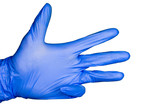 hand gesture four  in blue medical glove isolated, close up, selective focus, white background