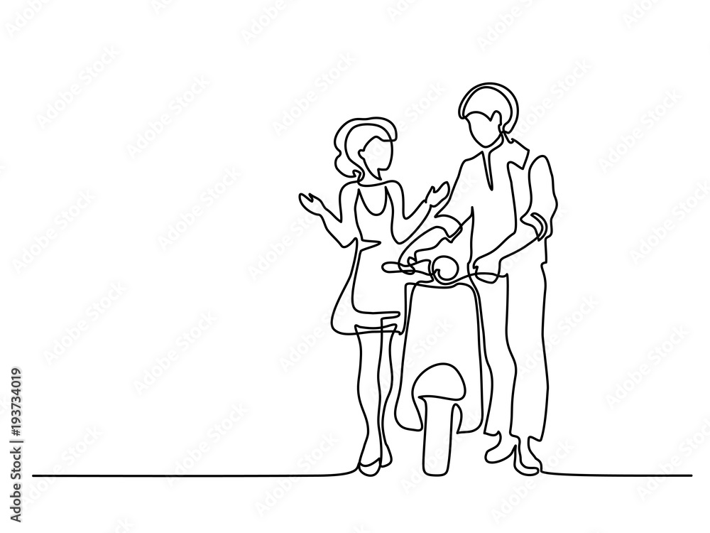 Continuous line drawing. Happy couple walking with scooter. Vector illustration