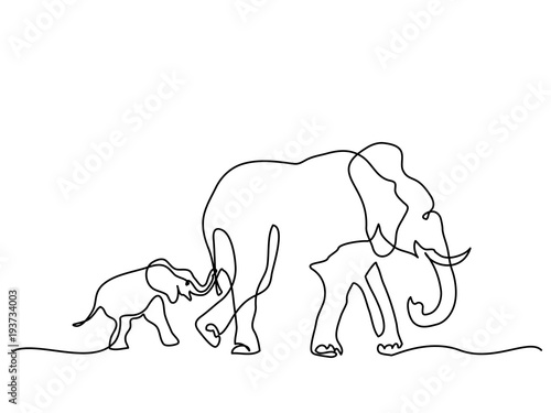 Continuous line drawing. Elephant mom with baby walking symbol. Logo of the elephant. Vector illustration
