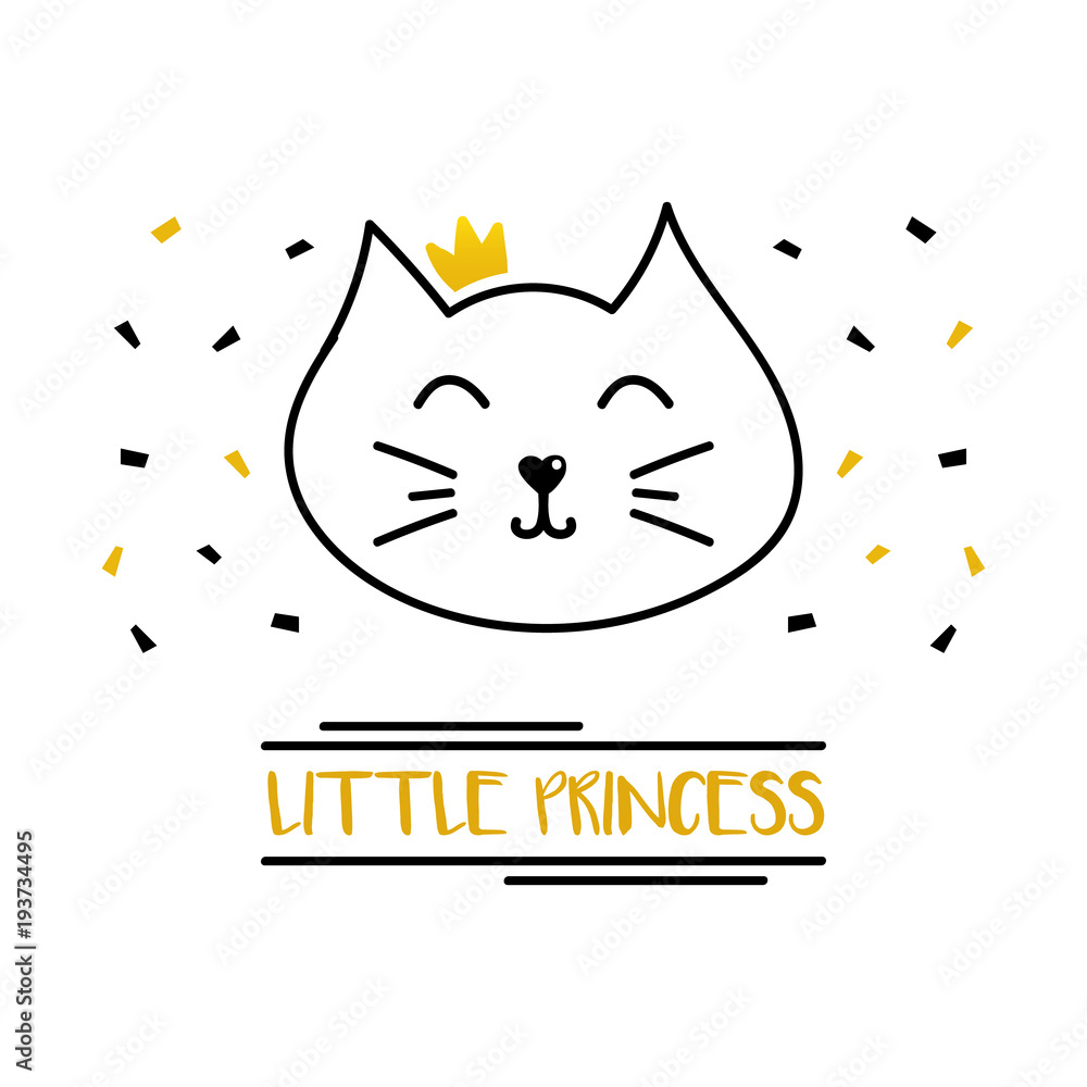 Cute doodle cat in golden crown. Little princess funny quote. Cute doodle cat in golden crown. Little princess funny quote.