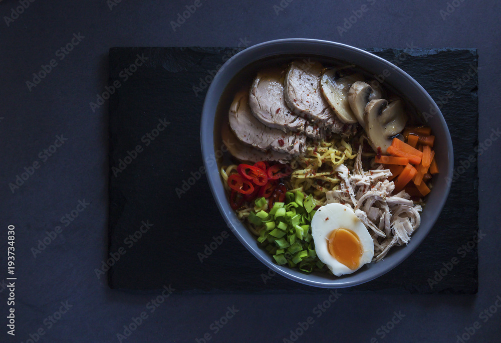 Tsukemen, Japanese dipping ramen noodles. Deadpan. Top view. Horizontal